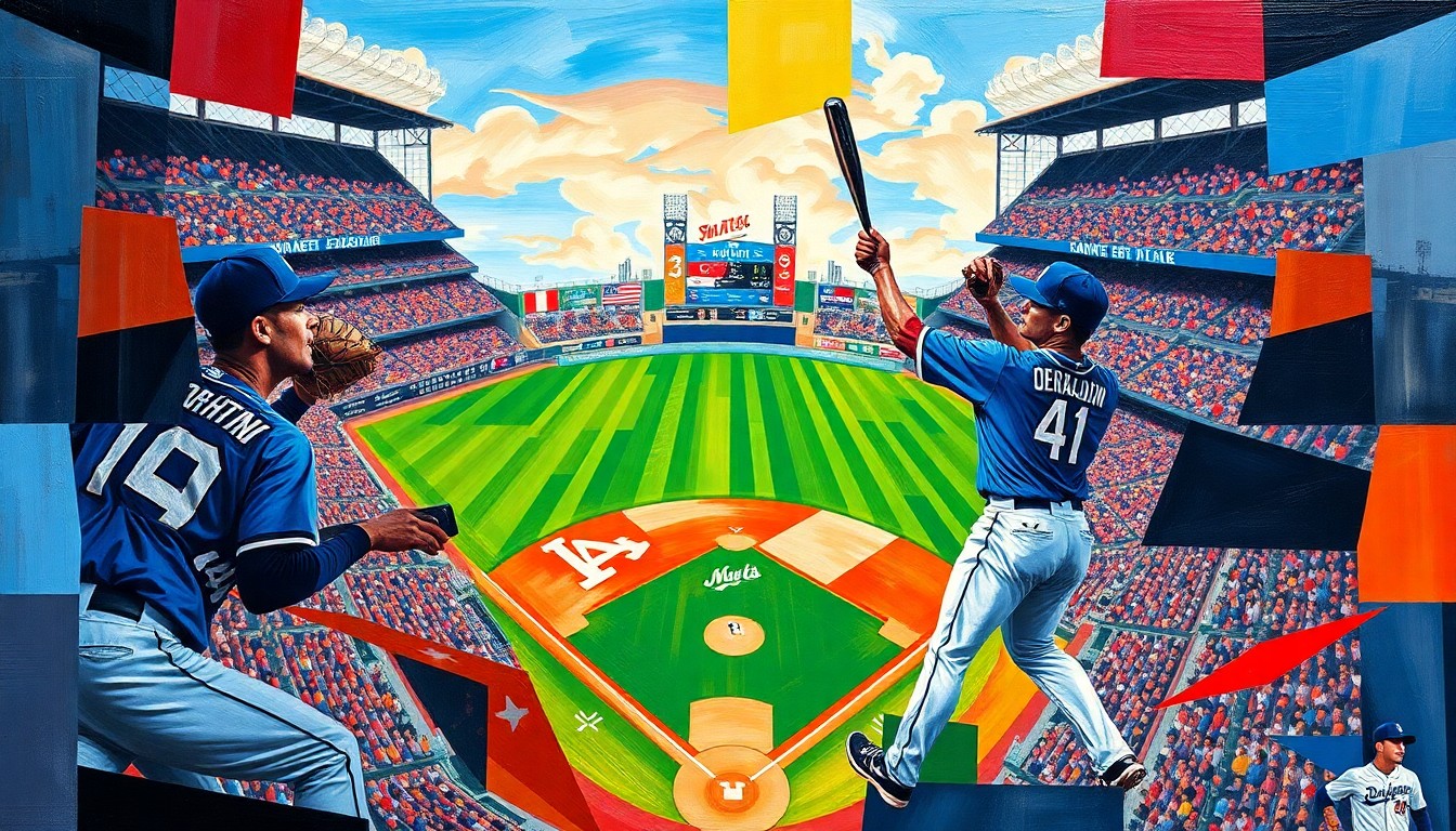 A fractured, cubist-style painting depicting Shohei Ohtani's back-to-back leadoff home runs, with the baseball diamond and stadium seating deconstructed into sharp, overlapping geometric shapes in vibrant Dodgers colors.