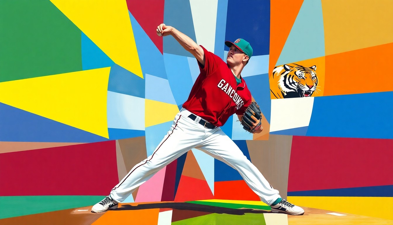 A cubist, geometric painting depicting a baseball pitcher's motion broken down into overlapping planes of bright, contrasting colors representing the Gamecocks and Tigers teams.