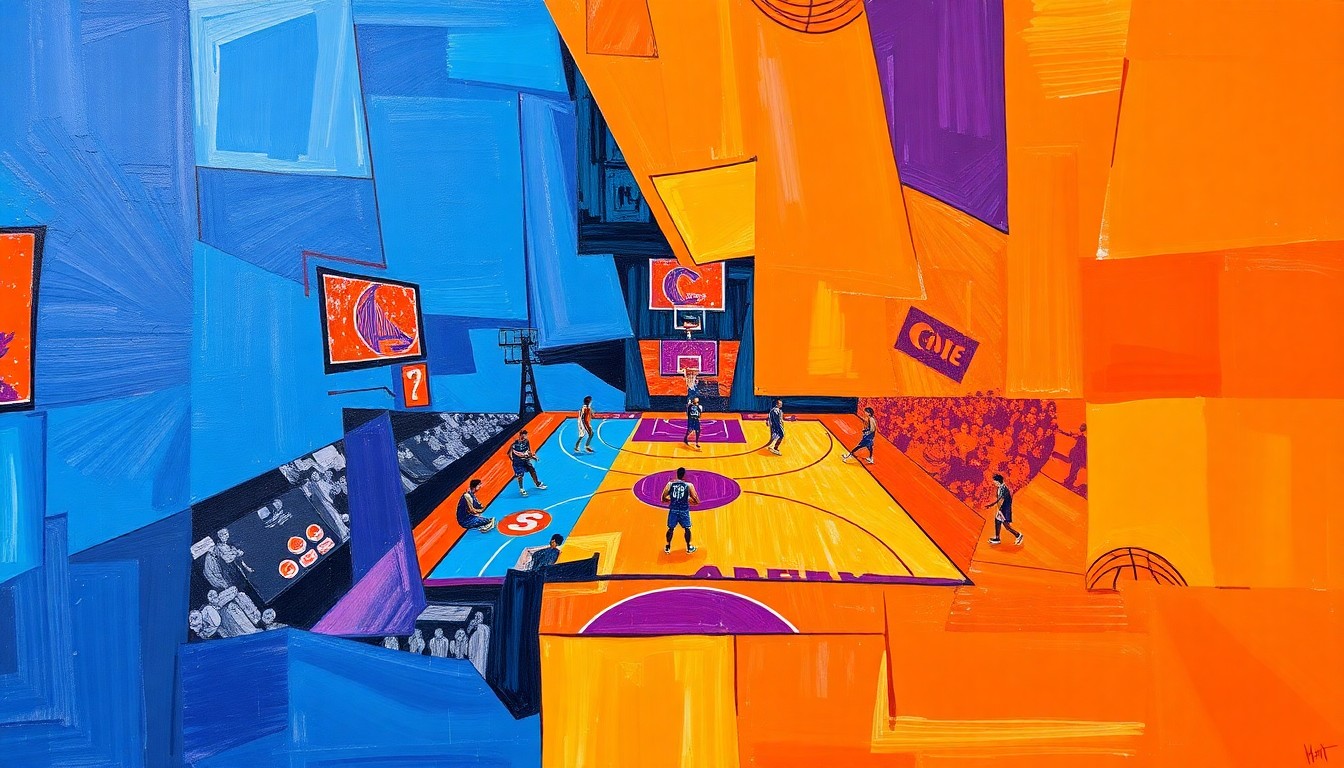 A cubist, geometric painting depicting a basketball game or match, with sharp, overlapping planes of color representing the dynamic action on the court.