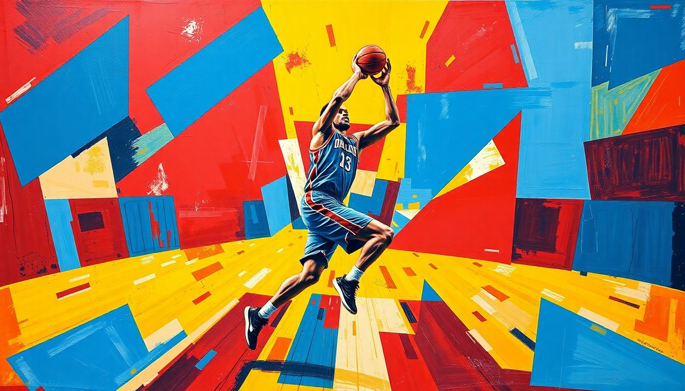 A cubist-style painting depicting the fragmented movements and actions of a basketball player, with sharp geometric shapes in vibrant colors of red, blue, and yellow.