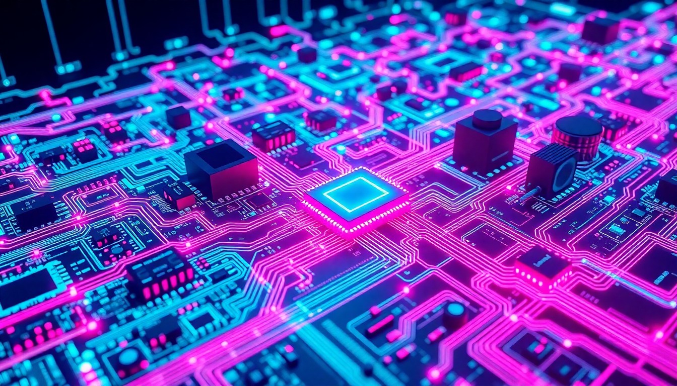 A highly detailed, 3D illustration of a complex network of glowing computer components and circuit boards, representing the secure digital infrastructure that enables the safe trading of IT hardware on the BrokerBin platform.