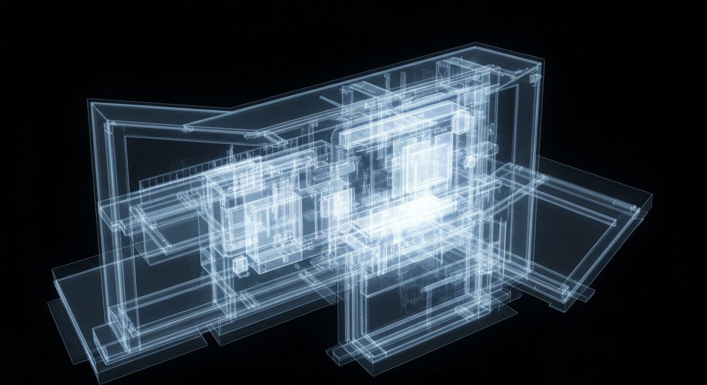 A ghostly, translucent X-ray photograph revealing the intricate internal structure of a senior living healthcare facility, with glowing lines and shapes suggesting the complex systems that enable high-quality care.