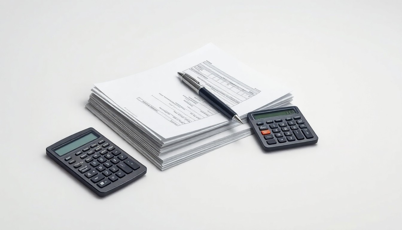 A photorealistic studio still life featuring a stack of financial documents, a pen, and a calculator arranged on a clean, monochromatic background, symbolizing the abstract concepts of corporate finance and capital markets.