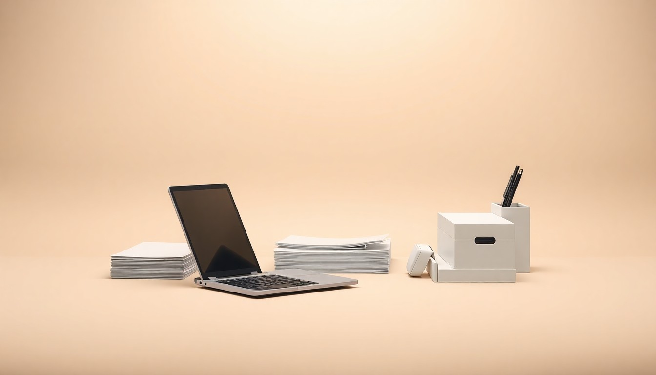 A high-end, photorealistic studio still-life photograph featuring a sleek, modern laptop computer, a stack of neatly organized documents, and a minimalist desk organizer, all arranged elegantly on a clean, monochromatic seamless background, conceptually representing the abstract ideas of business automation, data integration, and operational efficiency.