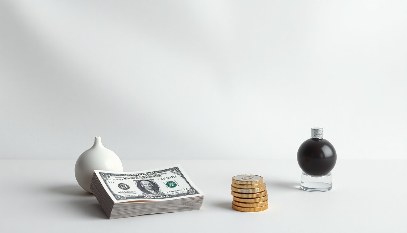 A minimalist, photorealistic studio still life featuring a series of polished, geometric objects arranged elegantly on a clean, monochromatic background, conveying a sense of corporate strategy, finance, and market leadership in the water industry.