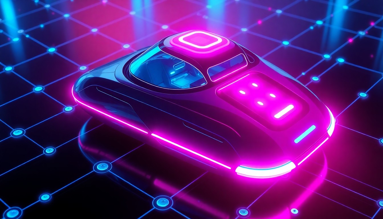 A highly detailed, glowing 3D illustration of an autonomous surface vessel, with neon cyan and magenta lights illuminating the sleek, futuristic design. The vessel is surrounded by a network of interconnected digital elements, representing the advanced software and technology powering the autonomous capabilities.