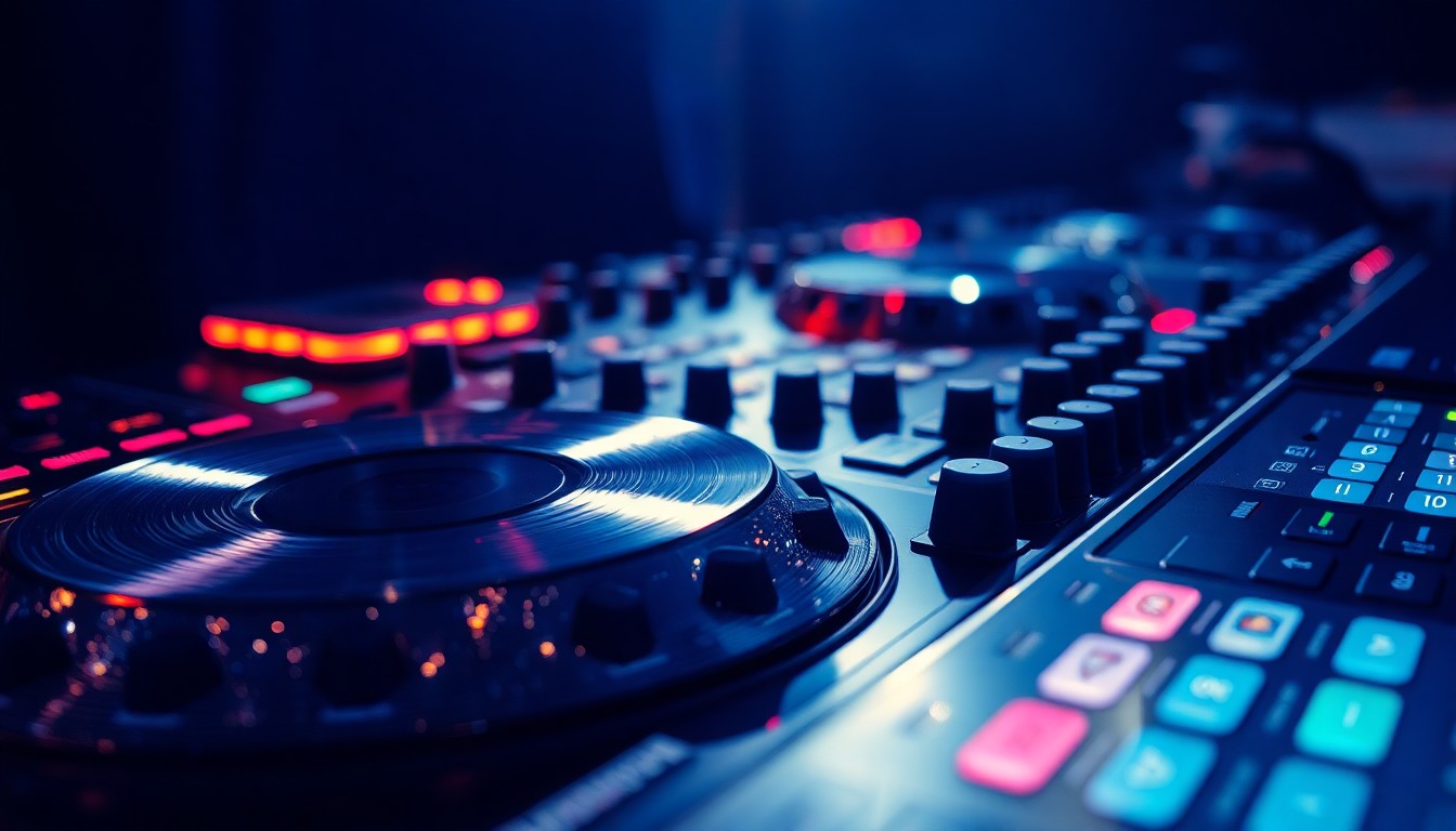 An extreme close-up photograph of shiny, reflective DJ equipment like headphones and mixing consoles, capturing the glamour and energy of live performance through dramatic studio lighting and abstract textures.