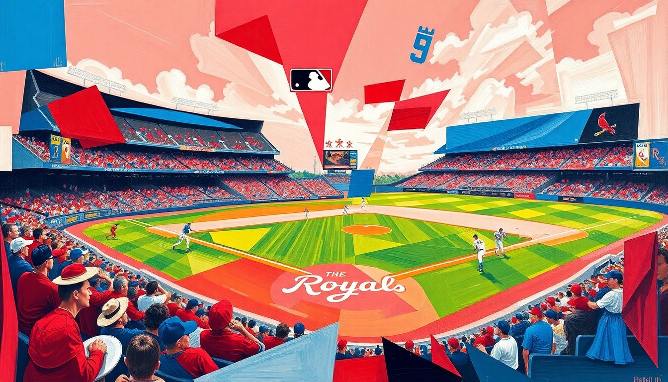A fragmented, geometric painting depicting a baseball game, with the Cardinals' red and Royals' blue colors overlapping in a cubist style, conveying the intensity and drama of the sport.
