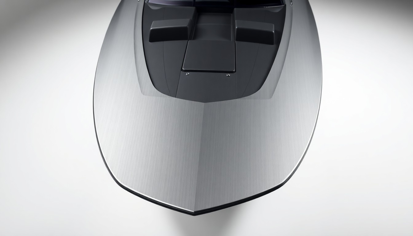 A photorealistic studio still life featuring a sleek, polished powerboat hull made of brushed aluminum, resting on a clean white background and illuminated by dramatic studio lighting to emphasize its premium materials and craftsmanship.