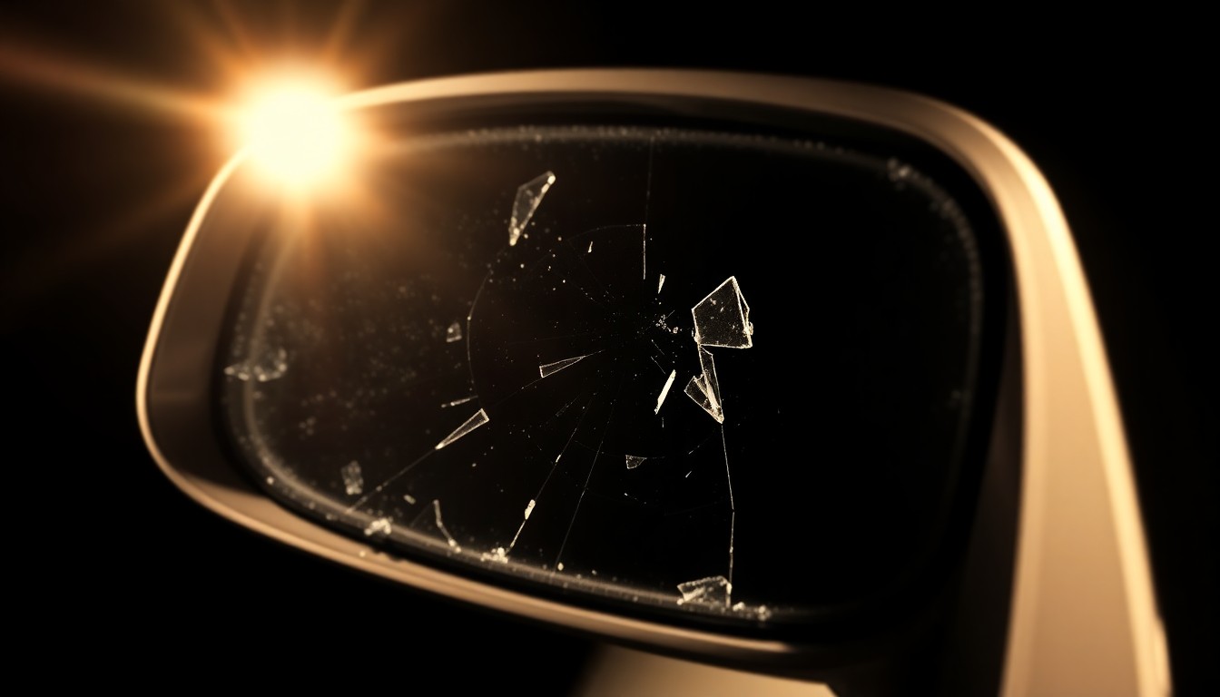 An extreme close-up photograph of a broken car part, such as a shattered side mirror or piece of glass, lit by a harsh flash against a dark background, conveying the gritty, investigative nature of the hit-and-run incident.