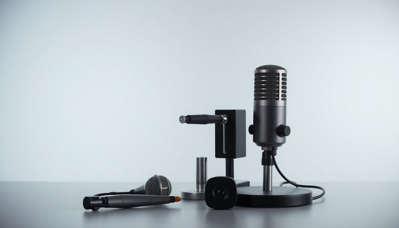 A high-end, photorealistic studio still-life photograph featuring a modern, polished microphone and audio equipment arranged elegantly on a clean, monochromatic seamless background, conceptually representing the concept of financial news broadcasting.