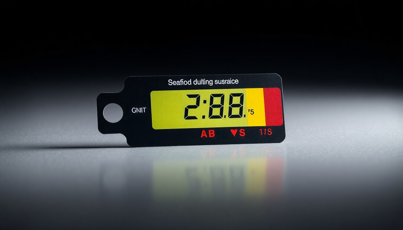 A photorealistic studio still-life photograph featuring a Freshtag time-temperature monitoring label on a smooth, reflective surface. The label's color progression from green to yellow to red symbolizes the intuitive way Freshtag tracks seafood quality and safety.