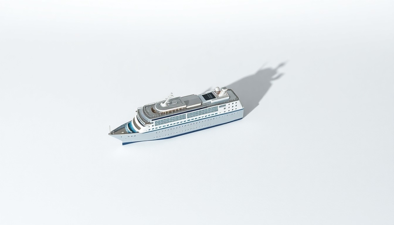 A highly reflective, polished metal model of a cruise ship resting on a clean white background, creating dramatic shadows that symbolize the legal and financial challenges facing the cruise industry during the COVID-19 pandemic.