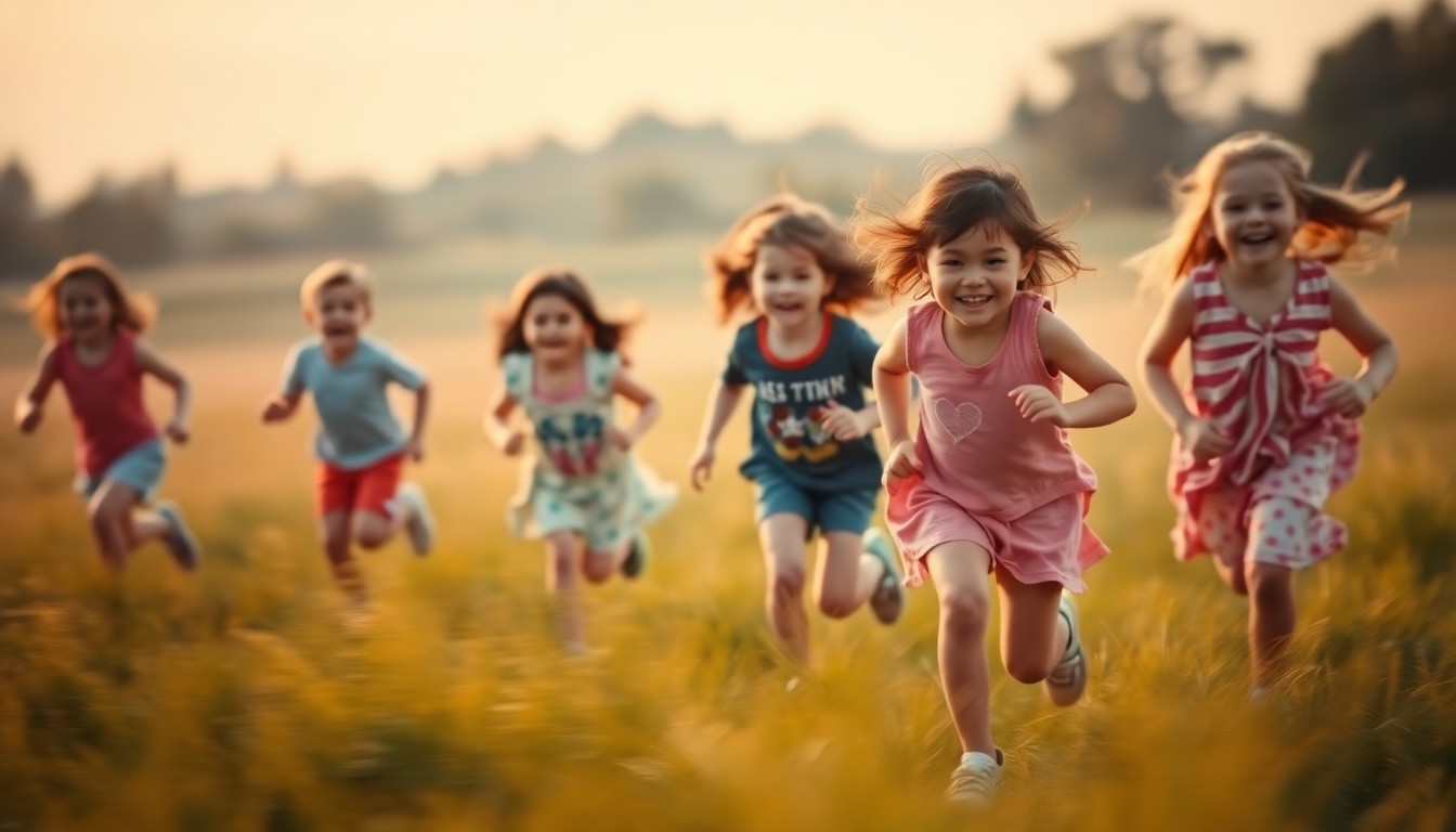 An abstract, out-of-focus photograph in soft, pastel tones depicting children running through a grassy field, their blurred forms and expressions conveying a sense of excitement and celebration.