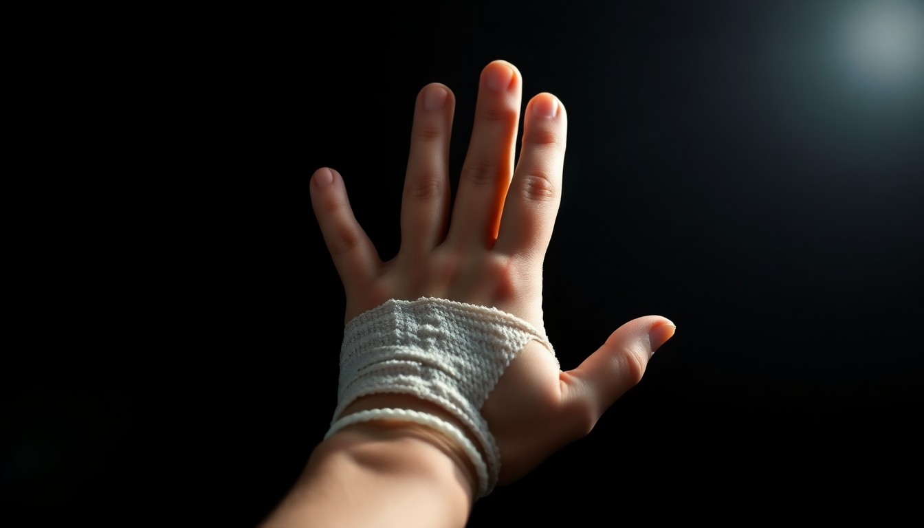 An extreme close-up of a bandaged child's hand, the harsh lighting and dark background creating a stark, gritty aesthetic that conceptually represents the serious nature of the alleged abuse incident.