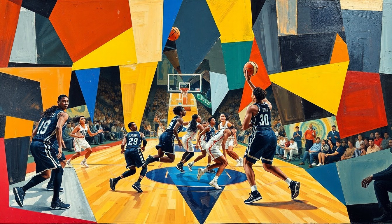 A cubist, geometric painting depicting fragmented basketball players and a basketball court, capturing the dynamic energy of a WNBA game in an abstract, deconstructed style.