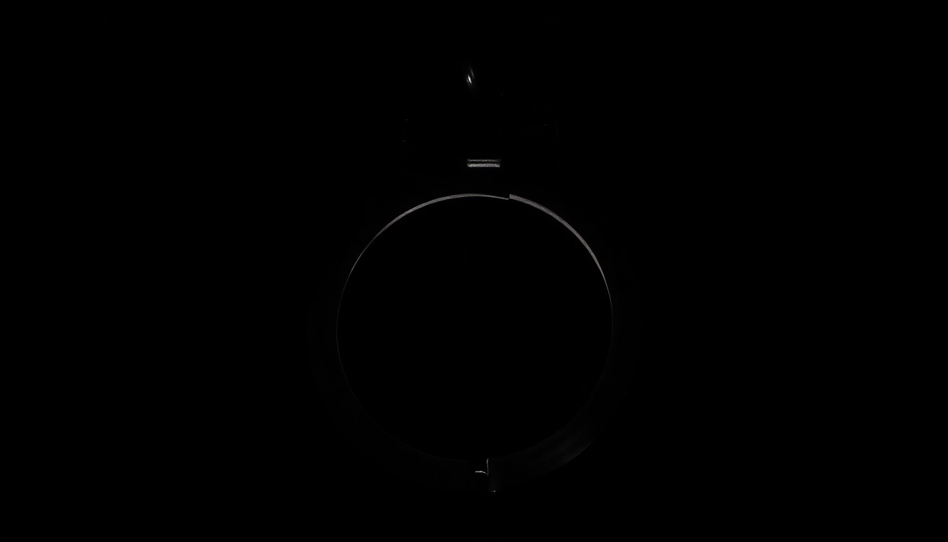 An extreme close-up photograph of a single handcuff, lit by a harsh, direct camera flash against a pitch-black background, creating a stark, gritty, investigative aesthetic.