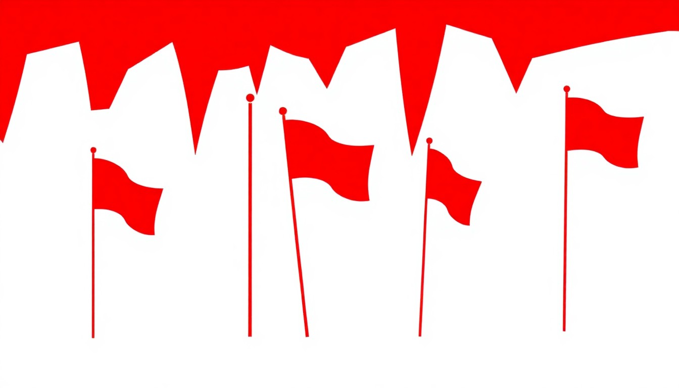 An abstract, minimalist illustration featuring bold, jagged shapes in red and white, conceptually representing the idea of a scavenger hunt for hidden flags.