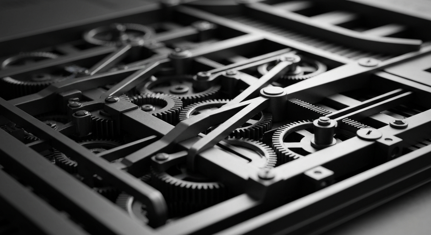 A high-contrast black and white close-up of the inner workings of a financial accounting machine, with gears, levers, and mechanisms symbolizing the intricate infrastructure supporting corporate finance.
