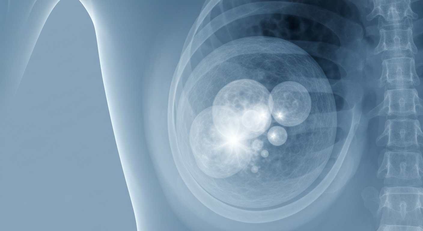 A ghostly, translucent X-ray image revealing the internal structures of a human breast, with faint glowing lines highlighting the presence of a tumor, conceptually illustrating a local broadcaster's breast cancer diagnosis.