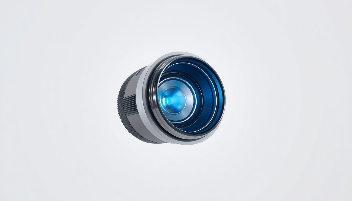A photorealistic studio still life of a shiny, angular movie theater projector lens floating on a clean white background, reflecting a faint blue light and hinting at the advanced optics and technology within.