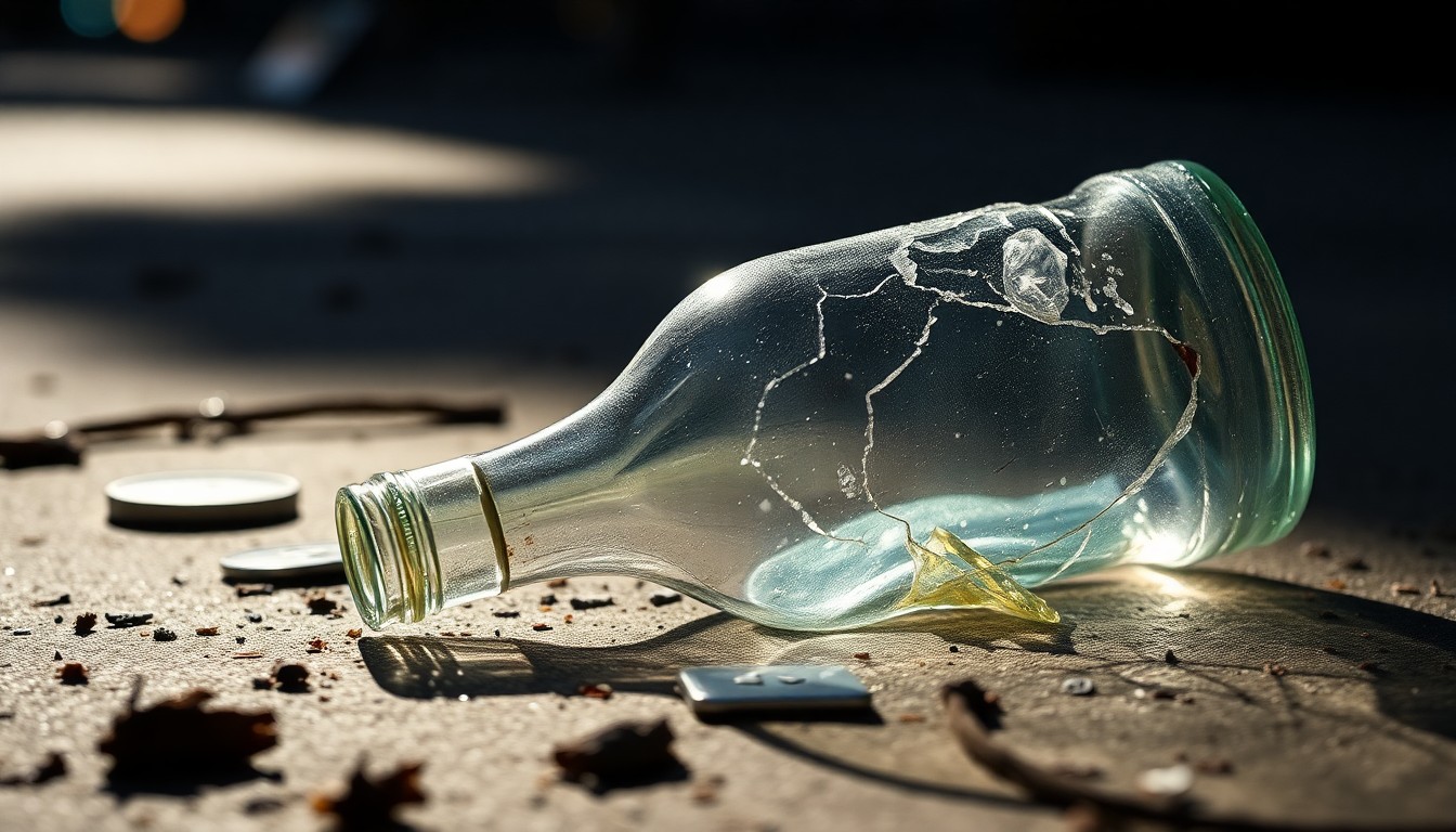 An extreme close-up photograph of a broken glass bottle on the ground, partially obscured by shadows, conveying the gritty aftermath of a street fight.