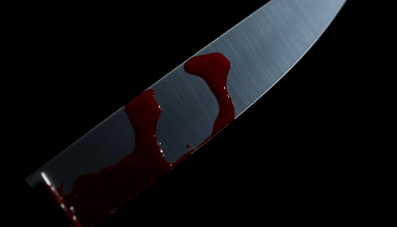 An extreme close-up of a bloodied knife blade reflecting a harsh, bright light against a dark background, conveying the stark, gritty reality of a violent crime scene.