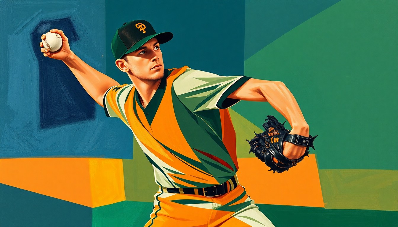 A fragmented, geometric painting depicting the motion of a baseball pitcher, with sharp planes of navy, green, and orange intersecting to create a dynamic, abstract composition that captures the essence of the injury news.