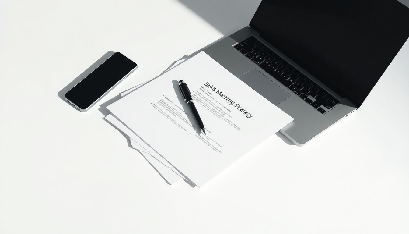 A photorealistic studio still life featuring a stack of business documents, a pen, and a laptop computer arranged elegantly on a clean, white background, conceptually representing the data-driven strategies for SaaS marketing success.