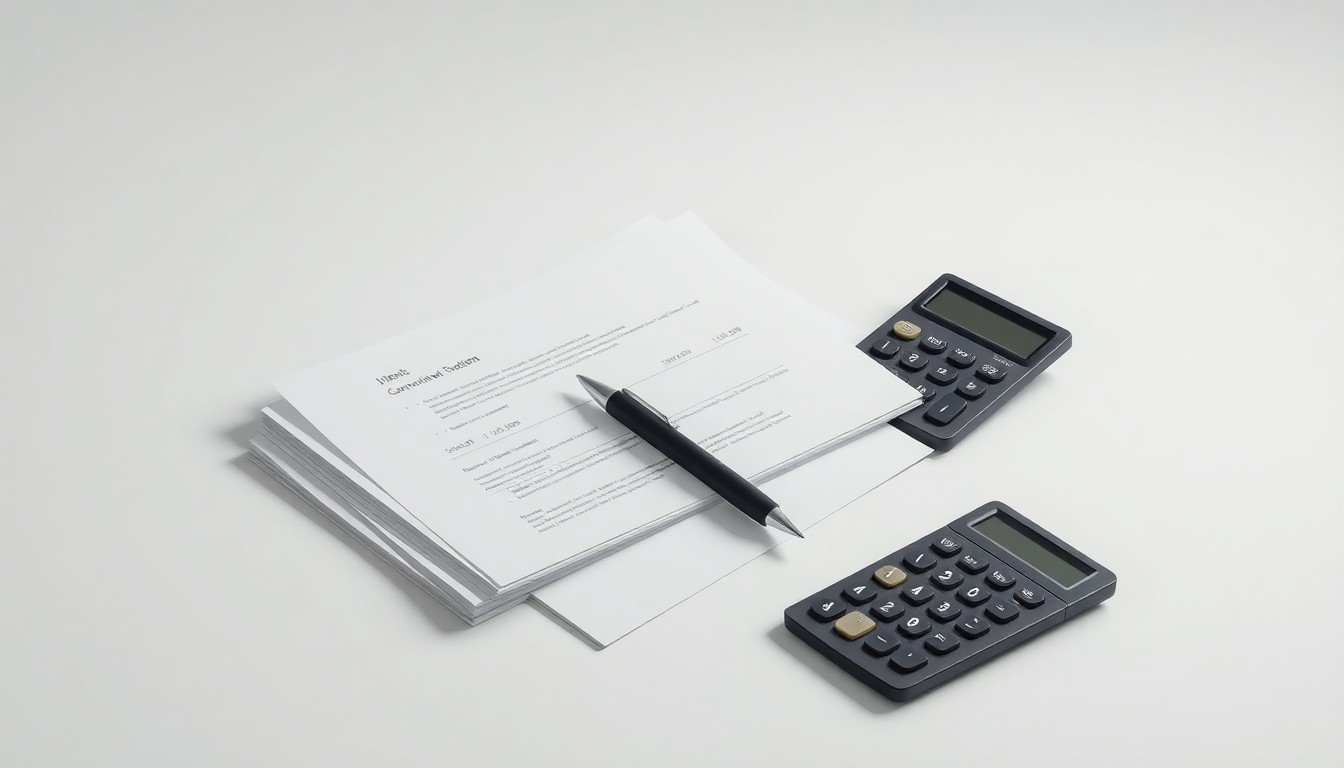 A high-end, photorealistic studio still-life photograph featuring a stack of financial documents, a pen, and a calculator on a clean, monochromatic seamless background, conceptually representing the abstract transformation of finance through AI-powered workflow automation.