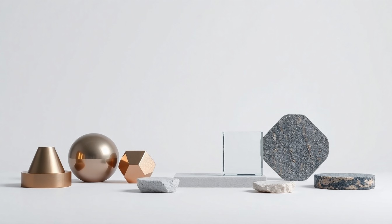 A high-end, photorealistic studio still-life photograph featuring a clean, monochromatic background with a carefully arranged composition of premium, polished objects representing the abstract concepts of digital marketing strategy, data-driven performance, and AI-powered content production.