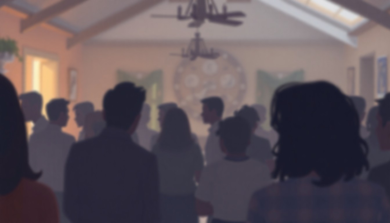 An abstract, impressionistic scene of people gathered in a community space, with soft, blurred shapes and muted colors conveying a sense of connection and shared purpose.