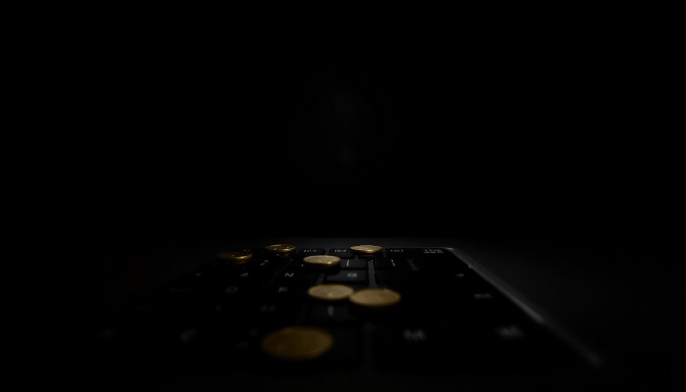 An extreme close-up photograph of a computer keyboard with a few scattered coins, lit by a harsh, direct camera flash against a pitch-black background, conceptually illustrating the financial impact of cybercrime.
