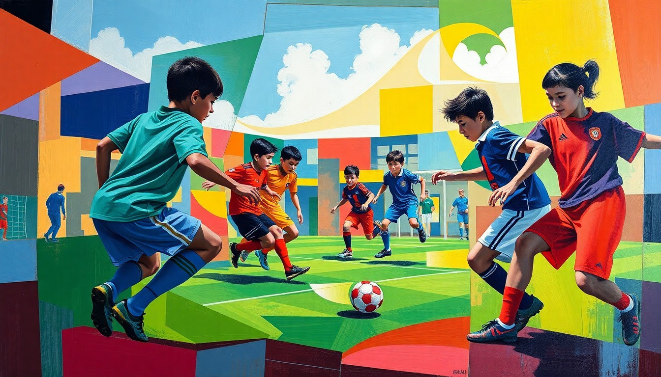 A fragmented, cubist-style painting depicting a youth soccer match, with players and the field broken down into overlapping geometric shapes in bright colors representing Miami's sports teams.