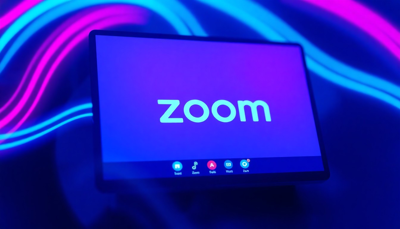 A highly detailed, 3D illustration of a Zoom video conferencing interface, with pulsing neon cyan and magenta lights emanating from the screen, representing the platform's transition from a video-centric tool to an AI-powered work orchestration system.