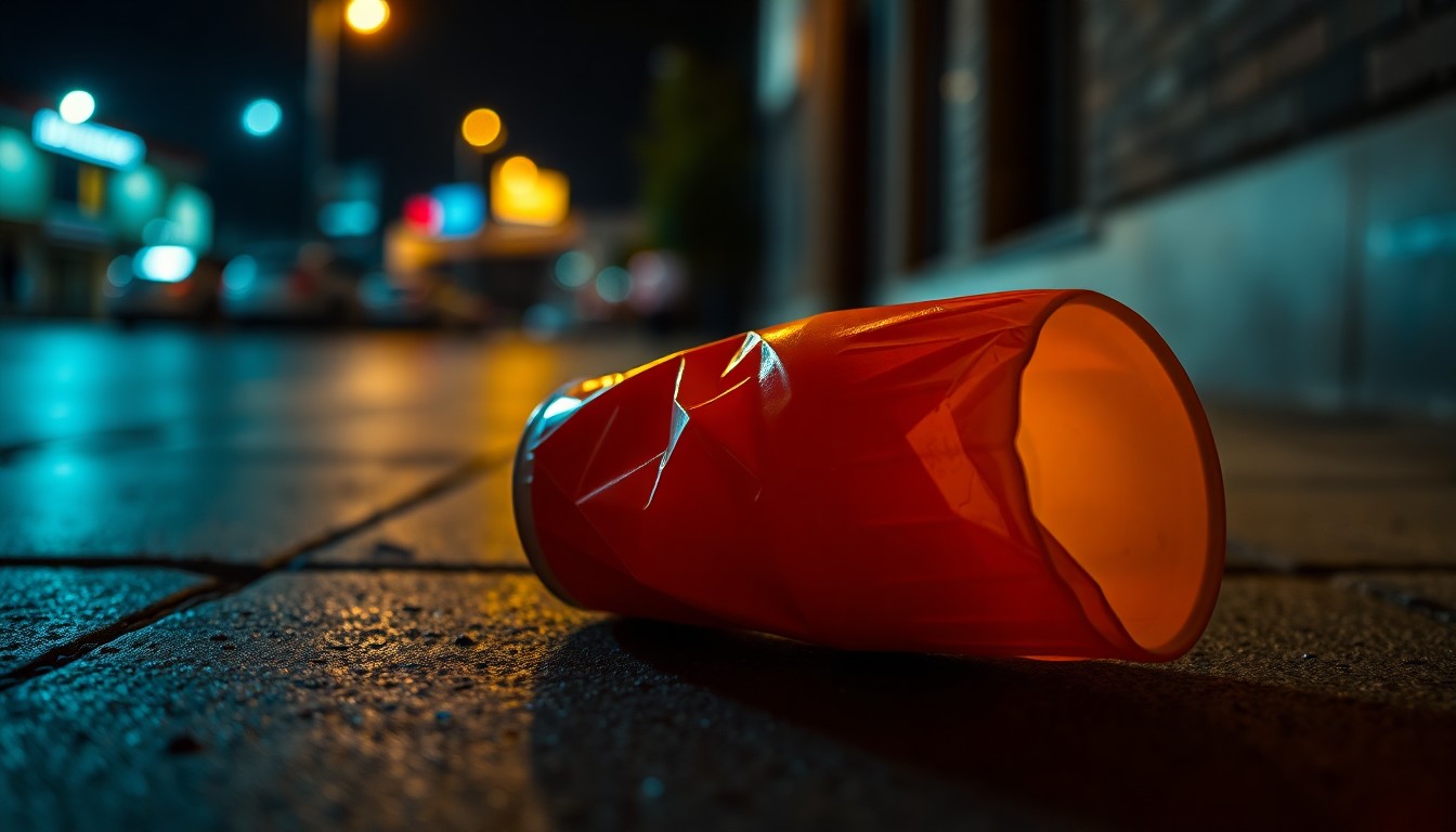 An extreme close-up photograph of a crumpled, discarded plastic cup on a dimly lit sidewalk, lit by a harsh camera flash, conceptually representing the aftermath of a late-night incident outside a bar.
