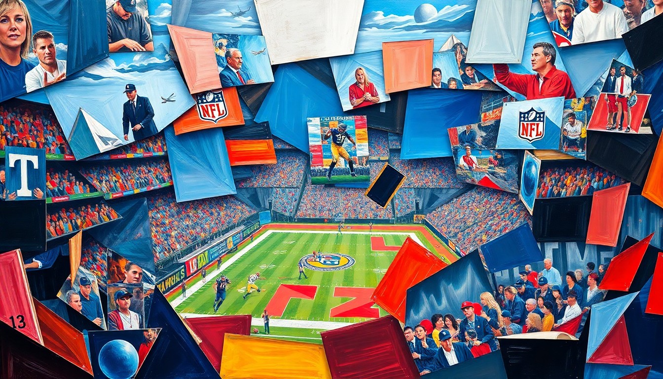 A cubist-style painting depicting fragmented, overlapping geometric shapes in shades of blue, red, and silver, representing the various elements of an NFL draft or football game.