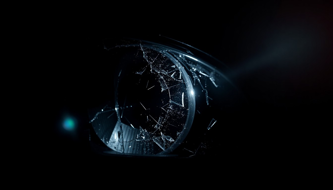 An extreme close-up photograph of a shattered car part, such as a broken side mirror or cracked headlight lens, lit by a harsh, direct camera flash against a pitch-black background, conceptually illustrating the aftermath of a high-speed single-vehicle crash.