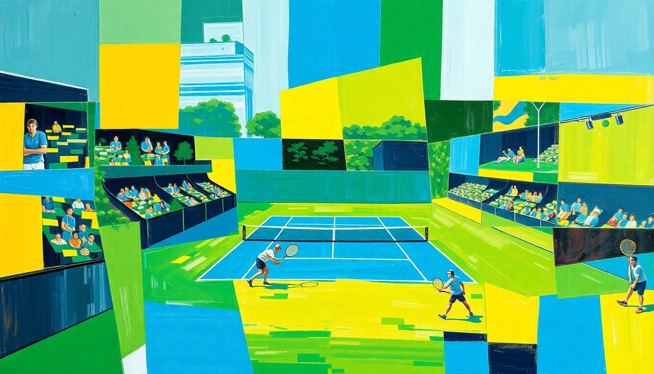 A cubist, geometric painting depicting a college tennis match, with sharp, overlapping planes of bright blue, green, and yellow representing the dynamic action on the court.