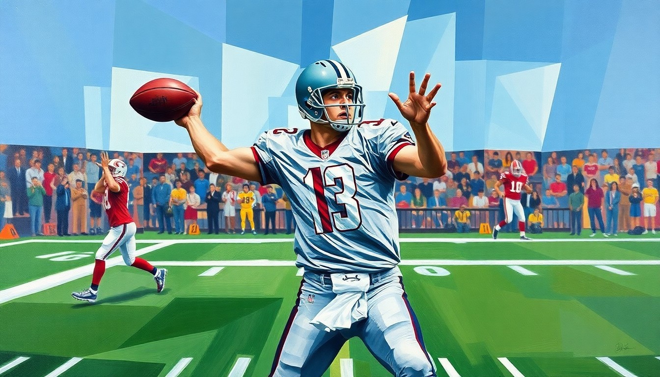 A cubist-style painting depicting a quarterback in motion, with his body and the football broken down into sharp, overlapping geometric shapes in a range of earthy browns, greys, and blues, capturing the dynamic energy of the sport.