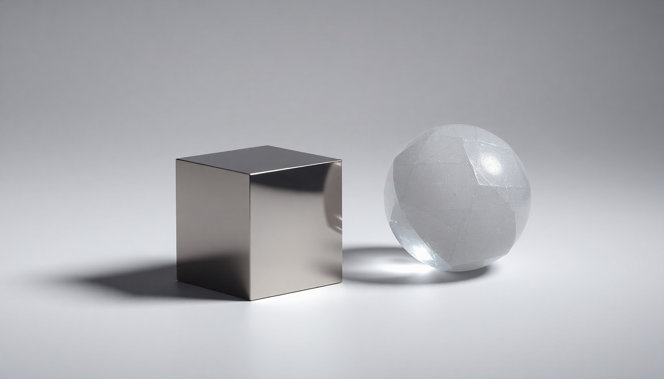 A minimalist, photorealistic studio still life featuring a polished metal cube and a smooth crystal orb, symbolizing the abstract concepts of critical minerals, infrastructure, and strategic growth.