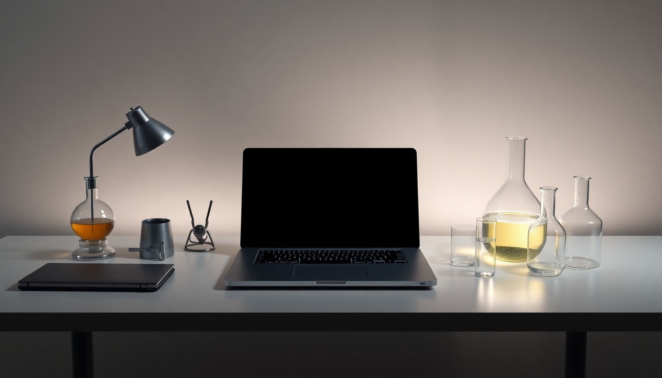 A minimalist studio photograph featuring a sleek desk with a laptop, beaker, and other abstract scientific instruments, conveying the abstract concepts of corporate strategy and biotech innovation through polished, geometric shapes and dramatic lighting.