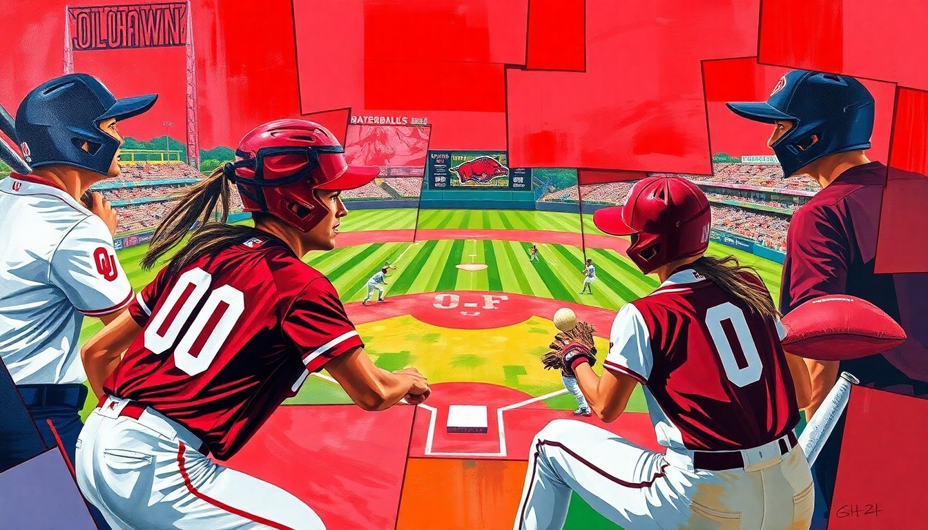 A cubist, geometric painting depicting a softball game or match, with sharp, overlapping planes of vibrant red, crimson, and blue colors representing the uniforms of the competing teams.
