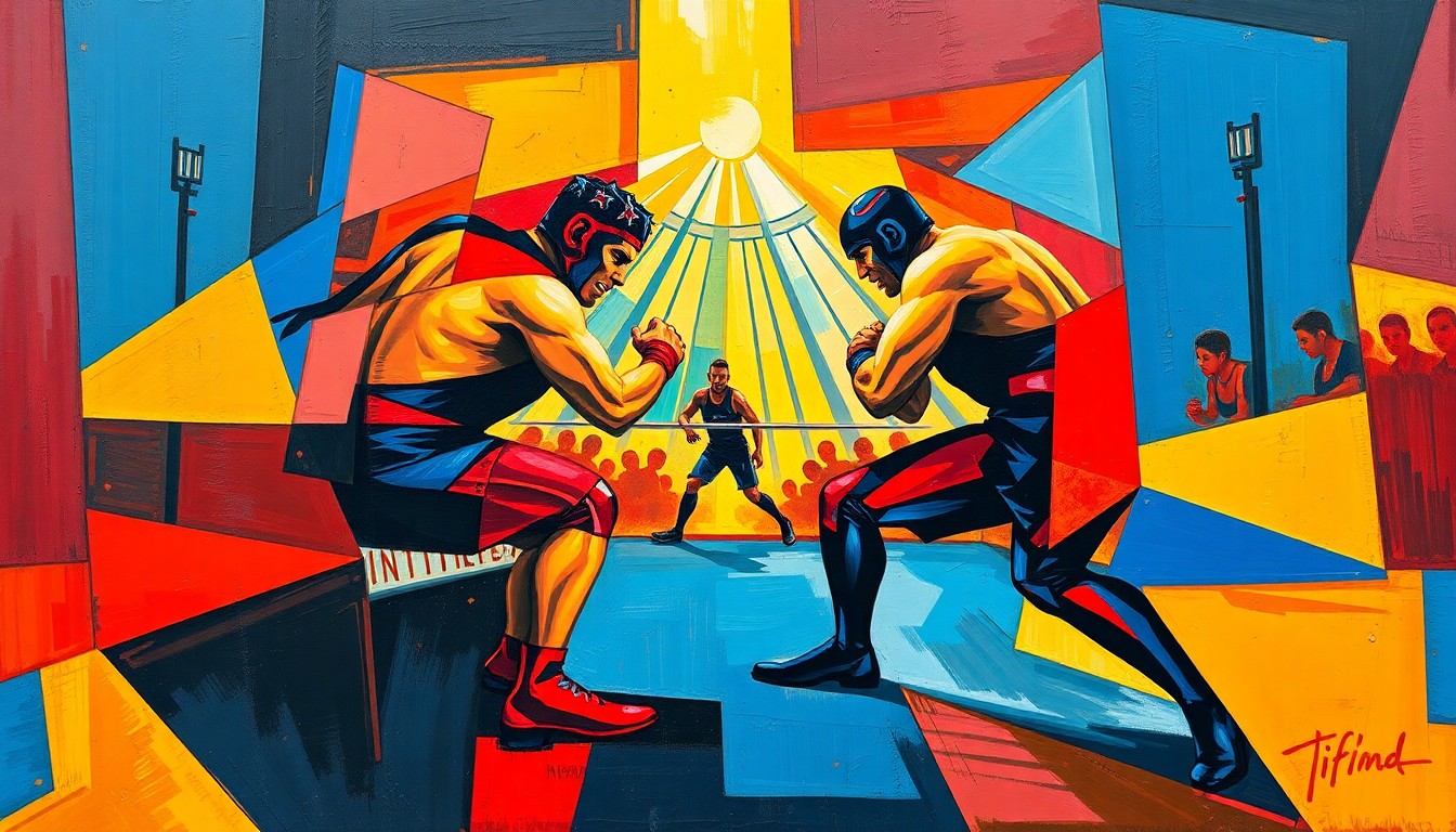 A fractured, geometric painting depicting the chaotic energy and multiple perspectives of a wrestling match or competition, with sharp planes of vibrant colors like deep blues, fiery reds, and bright yellows.