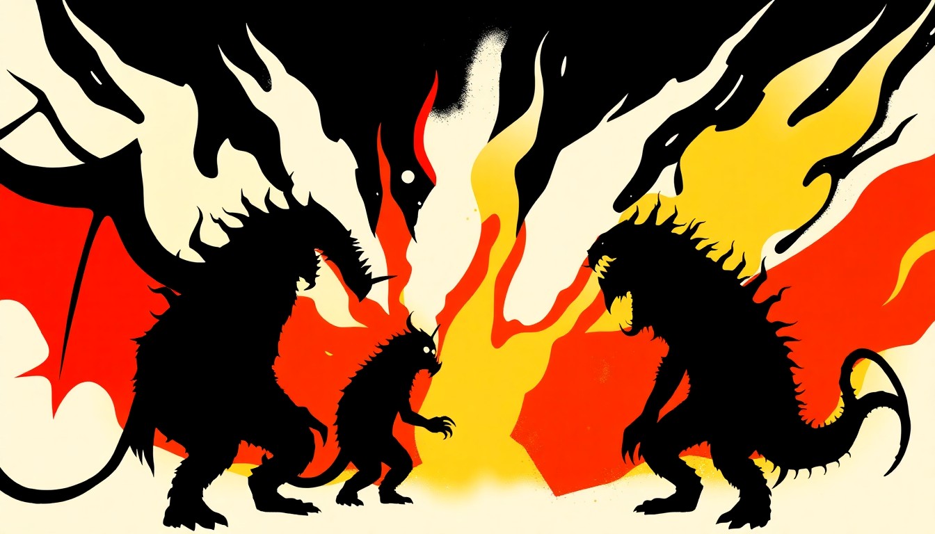 An abstract, minimalist illustration featuring sharp, jagged shapes in bright colors representing fantastical monster designs.