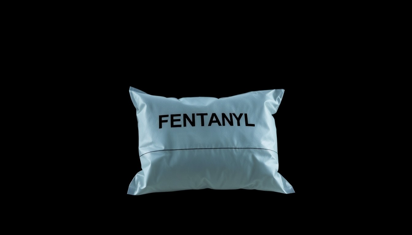 An extreme close-up photograph of a single fentanyl bag, its plastic material and contents dramatically illuminated by a harsh, direct camera flash against a pitch-black background, conceptually illustrating the dangerous scale of the opioid epidemic.