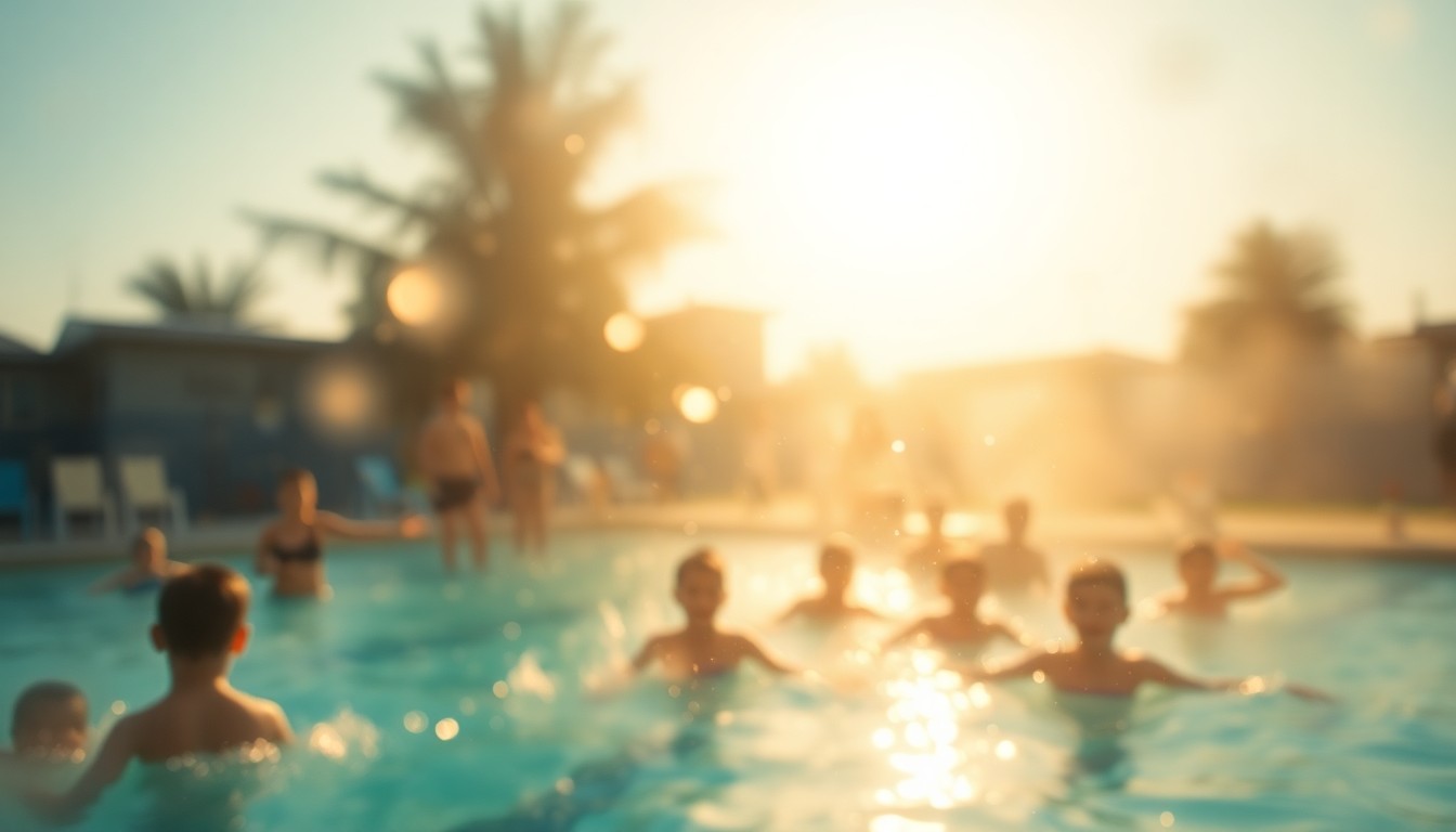 An impressionistic, out-of-focus scene of blurred shapes and colors representing the joyful energy of a municipal swimming pool on a summer day.