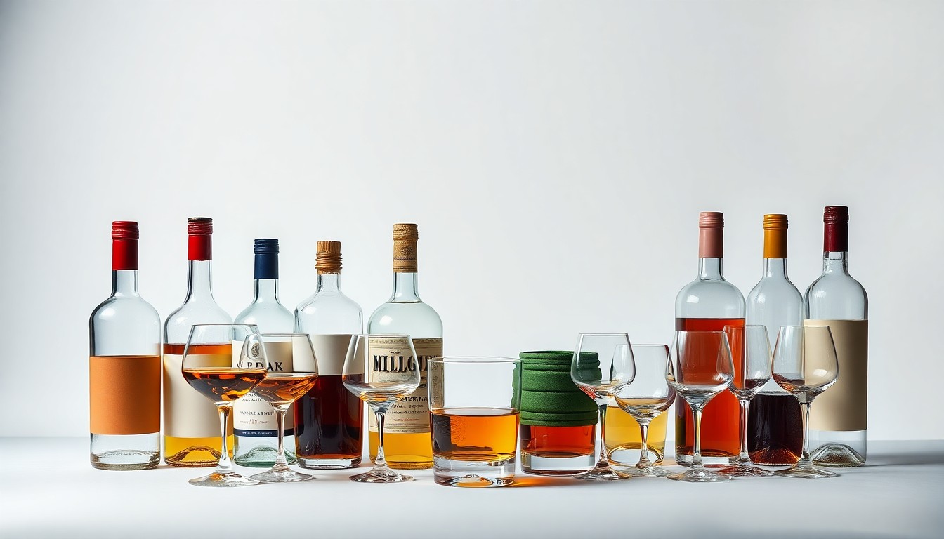 A high-end, photorealistic studio still-life photograph featuring a collection of premium liquor bottles and glassware arranged elegantly on a clean, monochromatic seamless background, conceptually representing the frustration of business owners facing a disrupted alcohol supply chain.