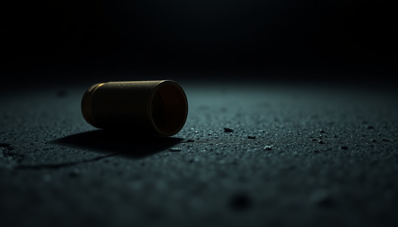 An extreme close-up photograph of a single spent shell casing on a dark concrete surface, lit by a harsh, direct camera flash, conceptually representing the evidence left behind after a deadly shooting incident.