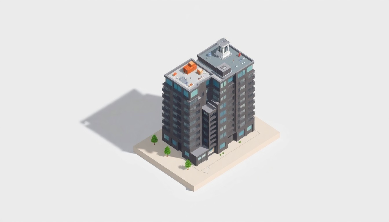 A highly stylized, isometric 3D digital illustration depicting a miniature model of the Hub on Campus Tempe tower, with its distinctive architecture and rooftop amenities, floating above a pastel background. The illustration conceptually represents the scale and density of the new student housing development while highlighting the preservation of historic buildings on the site.